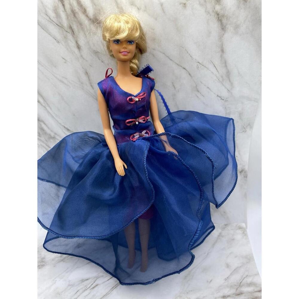Vintage 90’s Barbie Doll Blonde hair Blue Pink Tiered Gown Pink Bows Fashion B16